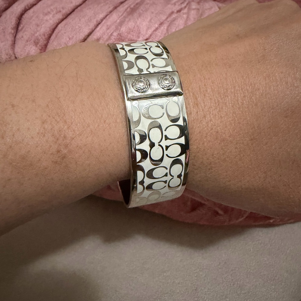 Coach White Enamel Signature C Bangle with Silver Hardware